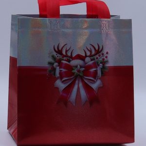 Gift Bag – Holographic Red with Festive Bow & Antler Design